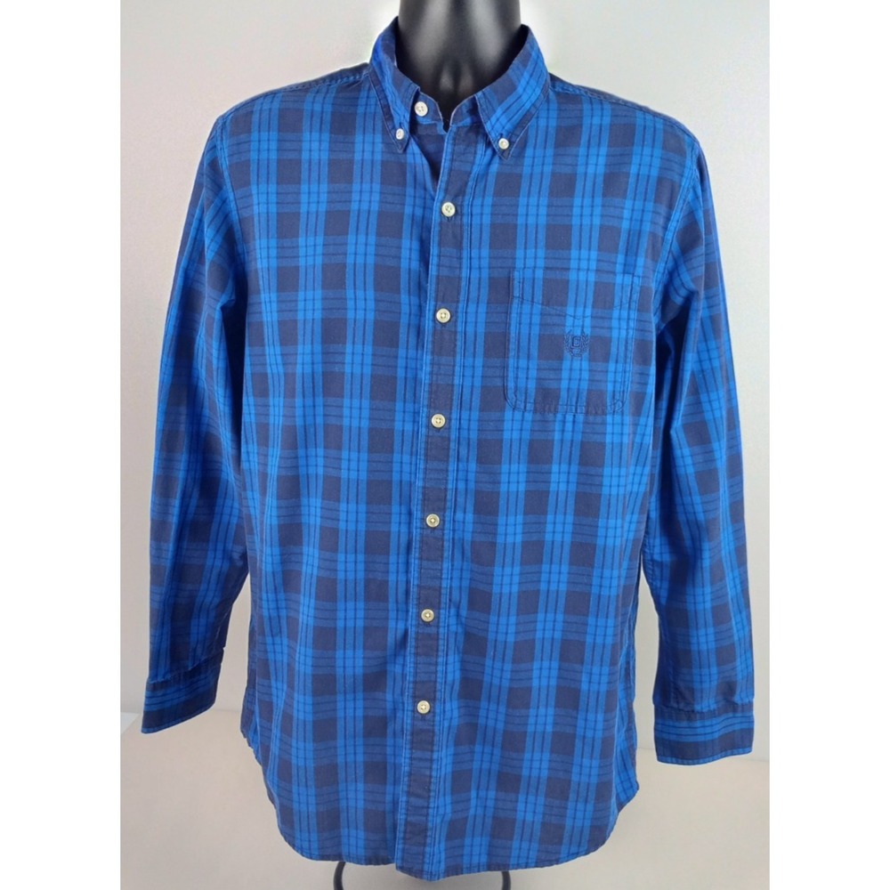 Chaps Men's M Blue Black‎ Plaid Long Sleeve Collar Button Up Dress Shirt